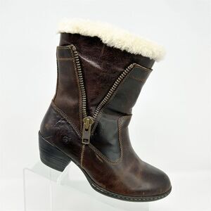 Born Danila Brown Leather Heeled Ankle Booties Size 7 Casual Winter Real Fur